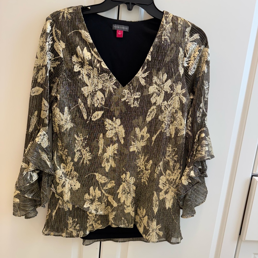 Vince Camuto Black and Gold Floral Blouse